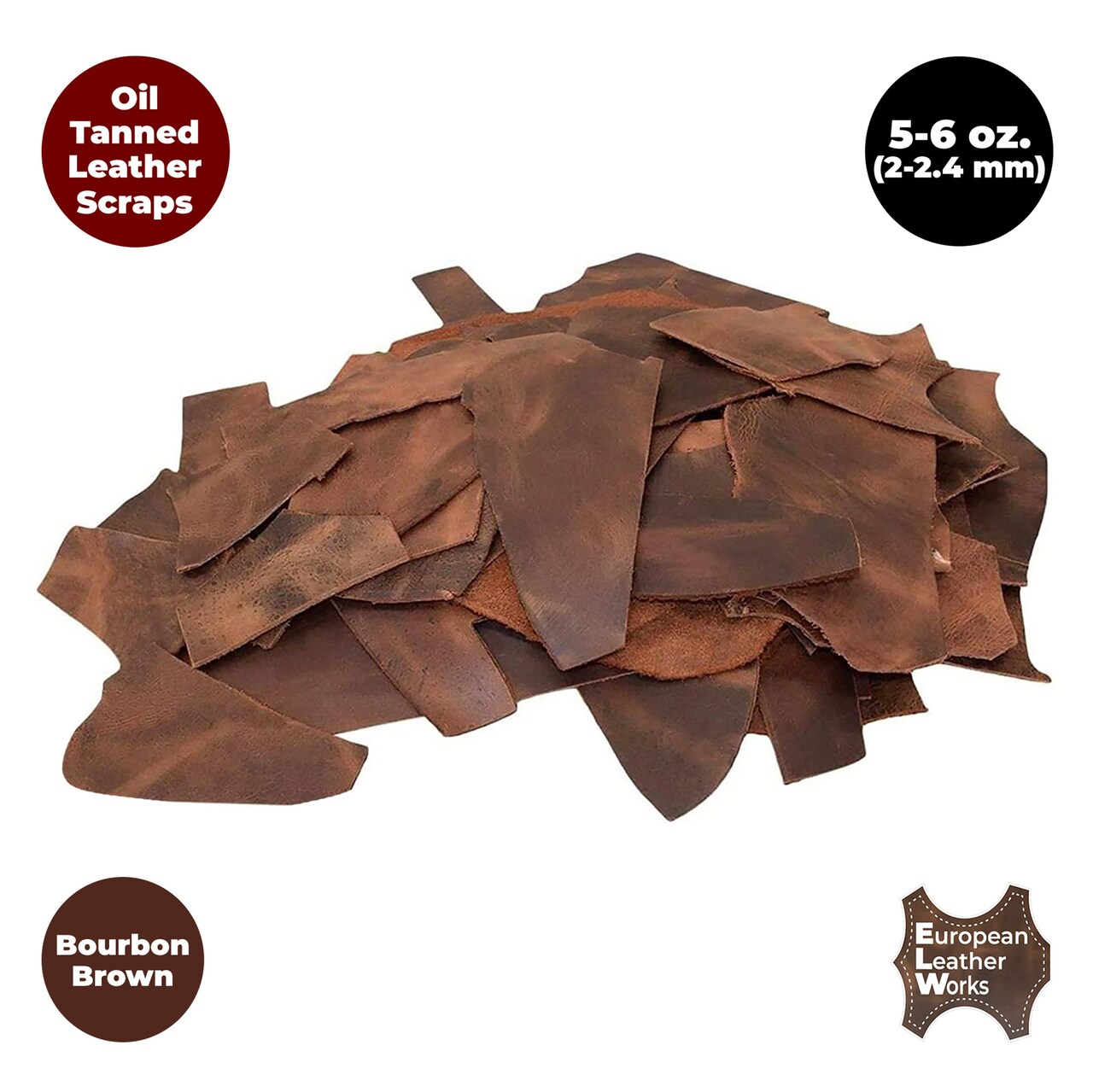 ELW 2-20 LB USA Cowhide Full Grain Scraps Bourbon Brown Leather 5-6 oz (2-2.4mm) Thickness Calf Hide Full Grain Oil Finished Leather Tooling, Holsters, Knife Sheath, Carving, Embossing, Stamping